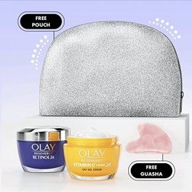 Olay Coffret cadeau avec crème de nuit à la vitamine C + AHA24 et rétinol24 pour une peau lumineuse et lisse, pochette gratui