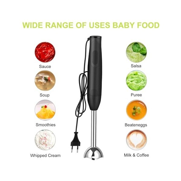 Mixeur Plongeant, Mixer Plongeur 400W, pour les Aliments pour Bébés, Les Smoothies, Les Sauces et les Soupes Noir 