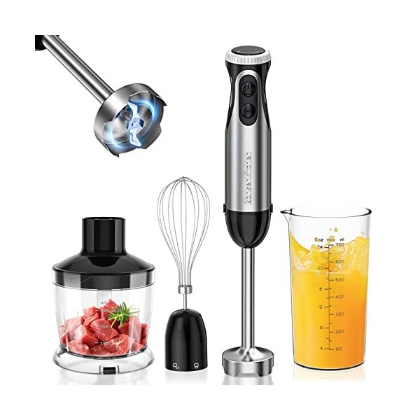 Bonsenkitchen Mixeur Plongeant, 2 en 1 Mixeur Plongeur en Acier Inoxydable avec Fouet à œufs, 20 Vitesses et Mode Turbo pour ...