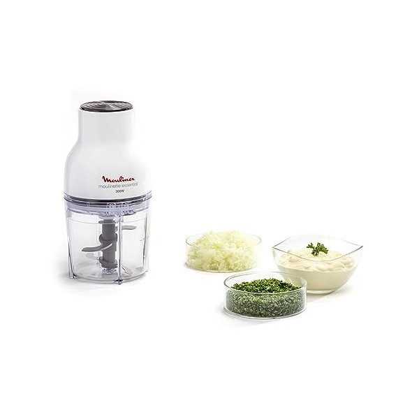 Moulinex Hachoir électrique, 400 ml, 300 W, 4 lames, Fonctions 3-en-1, Emince, Hache, Mixe, Système de pression simple, Mouli