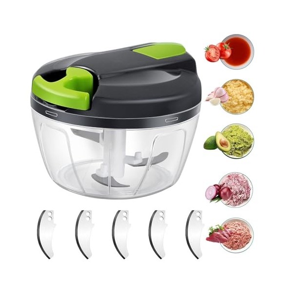 Domkan Hachoir Manuel 520ml, Hachoir Oignon Avec 3 Lames En Acier Inoxydable, Coupe Oignon Manuel avec Acier Inoxydable 3 Lam