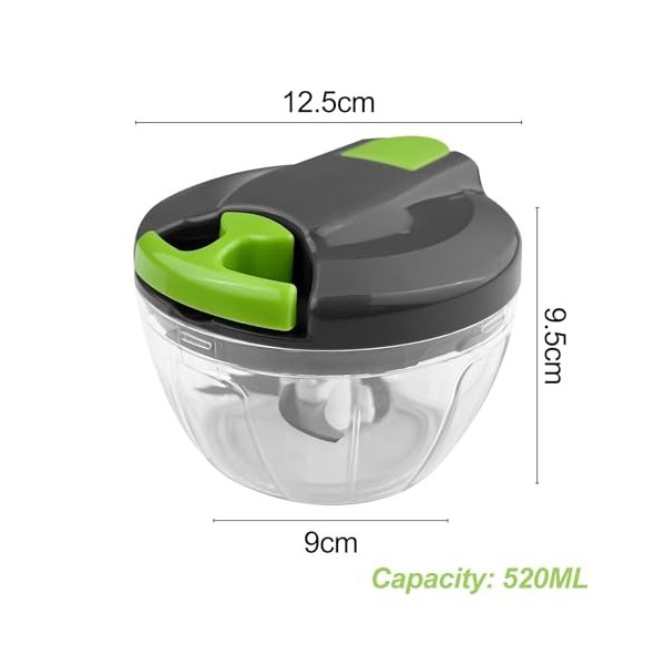 Ghazpmuk Mini Hachoir Manuel Cuisine, 520 ml Coupe Oignon Manuel avec Cordon de Tirage, Mixeur Manuel avec 3 Lames en Acier I