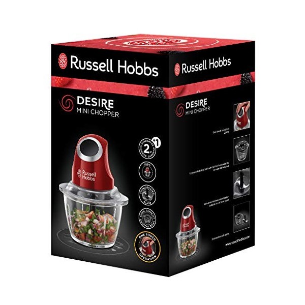 Russell Hobbs Mini hachoir électrique [Multifonction] Desire Rouge pour légumes, fruits & viandes, un bouton de fonctionneme