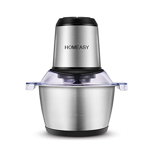 HOMEASY Hachoir Électrique Avec Bol Acier Inox 2L, Hachoir à Viande 350W Avec 4 Lames Amovibles pour Hacher Viande, Oignon, H