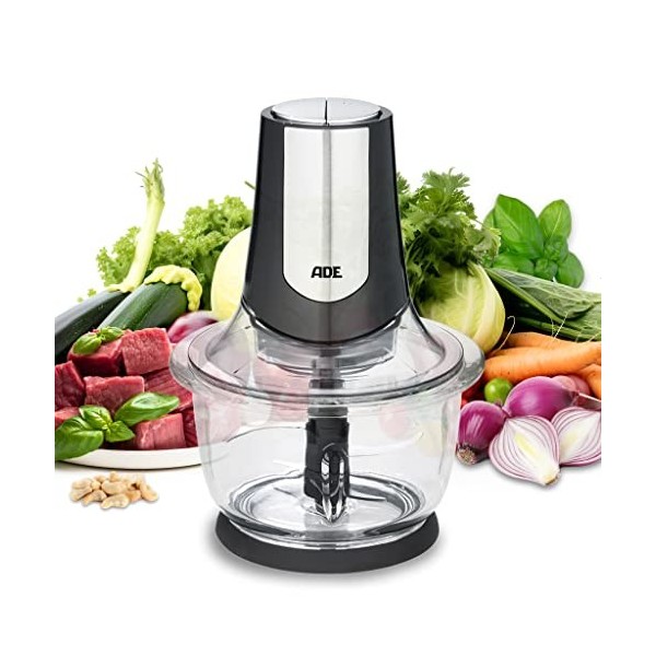 ADE Hachoir électrique puissant | moteur puissant de 500 W | grand bol en verre de 1,2 l | 4 lames en acier inoxydable | 2 vi