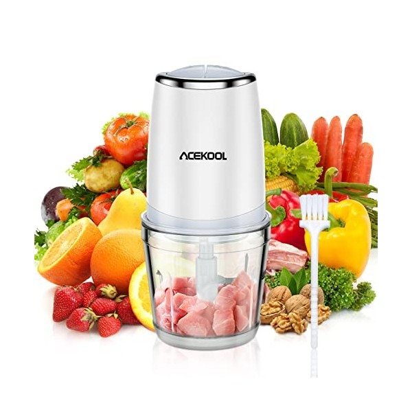 Hachoir électrique Mini Mixeur de cuisine 2 vitesses 600ML 300 W et bol en Verre et 4 lames en Inox hachoir à viande oignons 