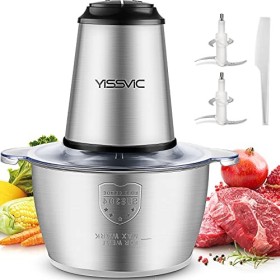 YISSVIC Hachoir de cuisine électrique 2 L, 2 x 4 lames 500 W hachoir électrique mixeur multifonction avec bol en acier inoxyd