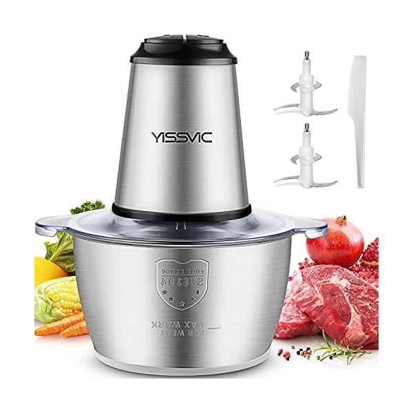 YISSVIC Hachoir de cuisine électrique 2 L, 2 x 4 lames 500 W hachoir électrique mixeur multifonction avec bol en acier inoxyd