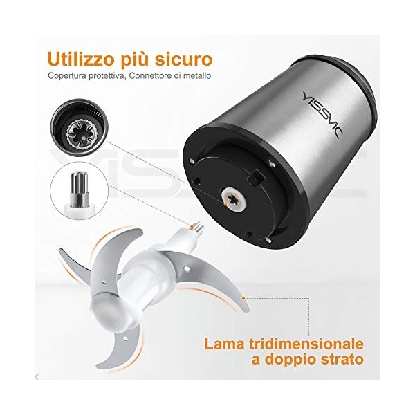 YISSVIC Hachoir de cuisine électrique 2 L, 2 x 4 lames 500 W hachoir électrique mixeur multifonction avec bol en acier inoxyd