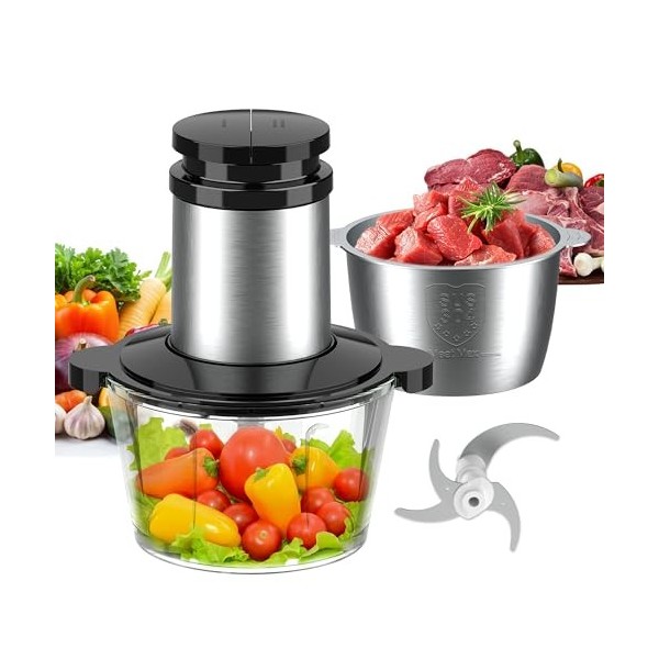 Becontrip Hachoir Électrique 2L Avec Bol Verre & Acier Inox,Hachoir a Viande 500W, 2 Niveaux de Vitesse,Mixeur Hachoir Avec 4