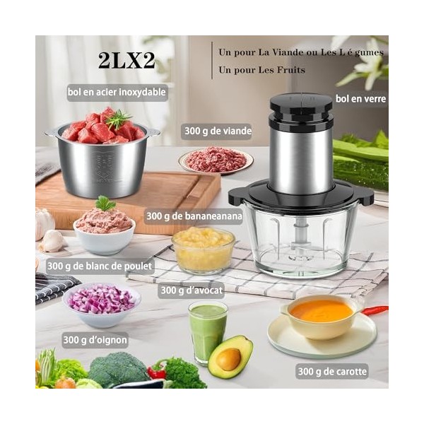 Becontrip Hachoir Électrique 2L Avec Bol Verre & Acier Inox,Hachoir a Viande 500W, 2 Niveaux de Vitesse,Mixeur Hachoir Avec 4