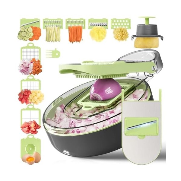 KEOUKE Hachoir à légumes 13 en 1, hachoir à légumes professionnel avec récipient et protège-main, 9 lames