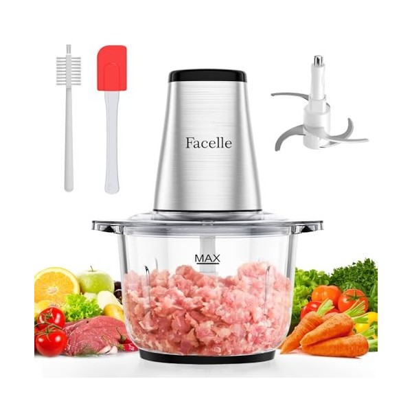 Mixeur Hachoir Électrique, Facelle Hachoir a Viande 2L, Food Processor 500W Avec Bol en Verre et 4 Lames Tranchantes Pour Via