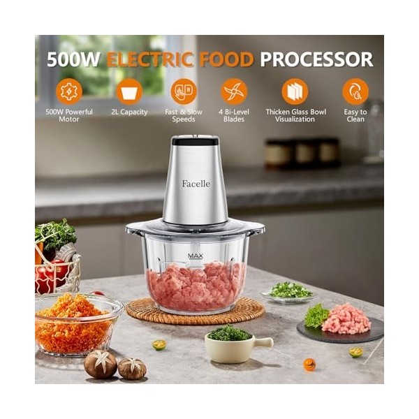 Mixeur Hachoir Électrique, Facelle Hachoir a Viande 2L, Food Processor 500W Avec Bol en Verre et 4 Lames Tranchantes Pour Via
