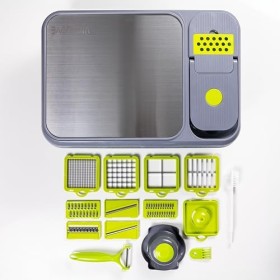 Hachoir à légumes multifonction avec récipient, râpes et accessoires, gris et vert