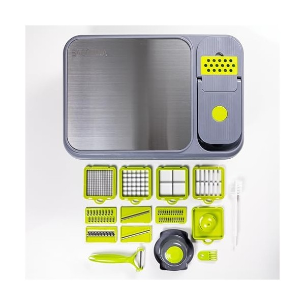 Hachoir à légumes multifonction avec récipient, râpes et accessoires, gris et vert