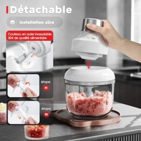 Bear 0,6l + 2L Hachoir Electrique Bol Préparation, Hachoir Multifonction 2 Vitesses, 4 Lames Acier Inoxydable, avec récipient