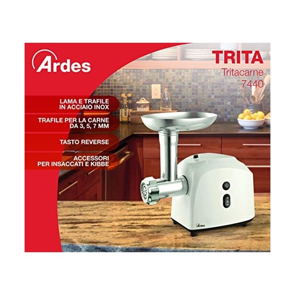 Ardes ar7440 Hachoir électrique Lame à étoile en acier inoxydable, moteur avec fonction Reverse, accessoires pour saucisses e