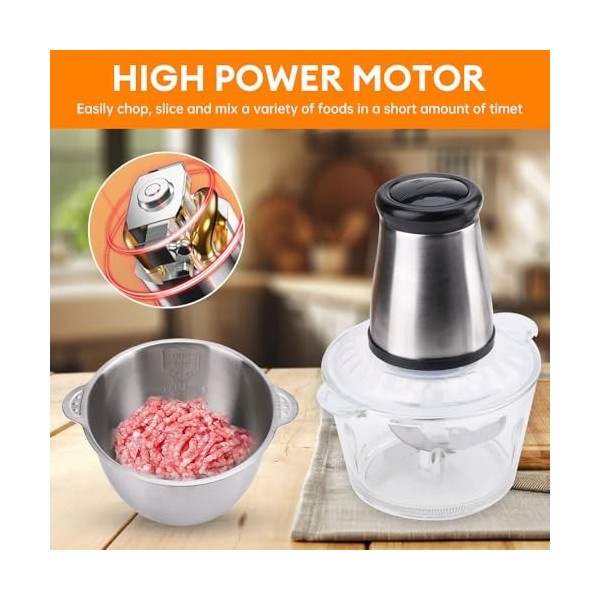 Robot de cuisine électrique de qualité supérieure - Mini hachoir pour viande, légumes avec bol en acier inoxydable et verre, 