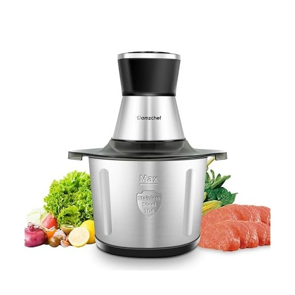 Hachoir électrique AMZCHEF,hachoir a viande avec bol en acier inoxydable de 1.5L, 500W mini hachoir avec 2 vitesses, Hachoir 