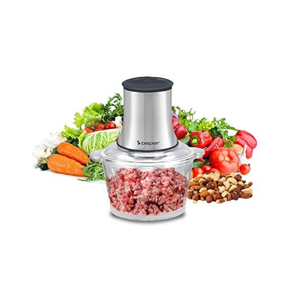 BEPER P102ROB001 Hachoir en verre, récipient en verre, corps Abs, double paire de lames en acier, 2 vitesses, base antidérapa