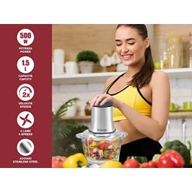 BEPER P102ROB001 Hachoir en verre, récipient en verre, corps Abs, double paire de lames en acier, 2 vitesses, base antidérapa