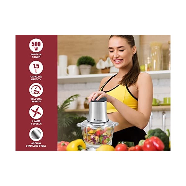 BEPER P102ROB001 Hachoir en verre, récipient en verre, corps Abs, double paire de lames en acier, 2 vitesses, base antidérapa