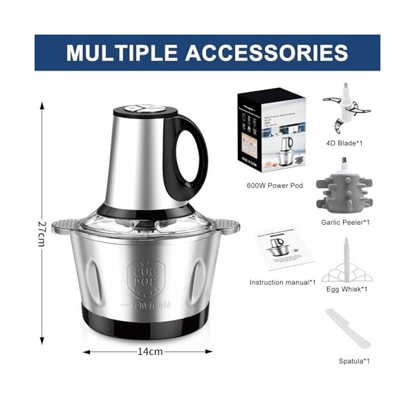 600W Hachoir Électrique, Bol en Acier Inoxydable 2L, Robot Culinaire électrique 3 Vitesses Pour La Cuisine, Nourriture Pour B