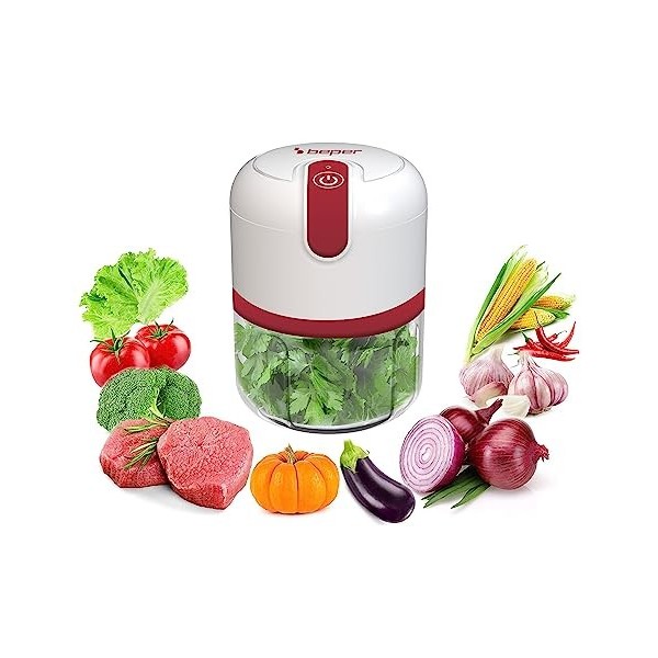 BEPER P102ROB050 Hachoir Rechargeable USB, Mini Robot de Cuisine, Capacité 250 ml, Puissance 3,7 V, 3 Lames en Acier Inoxydab