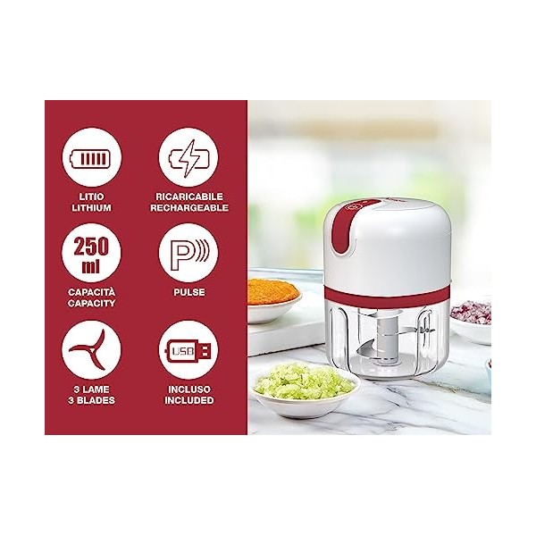 BEPER P102ROB050 Hachoir Rechargeable USB, Mini Robot de Cuisine, Capacité 250 ml, Puissance 3,7 V, 3 Lames en Acier Inoxydab