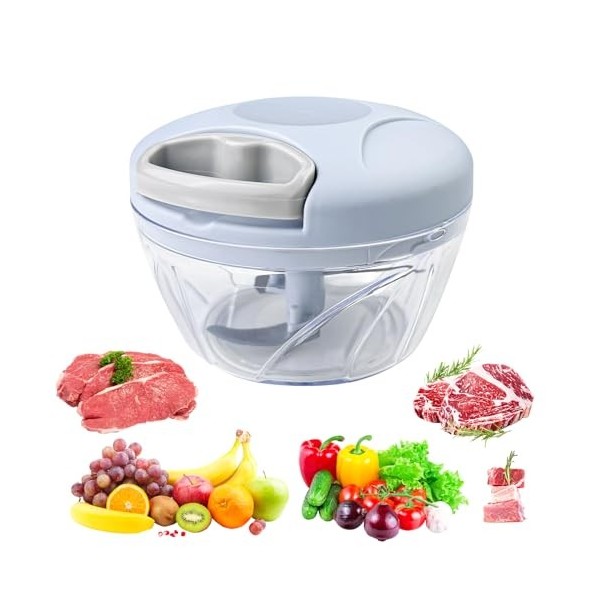 Fousenuk Mini Hachoir Manuel Cuisine, 500 ml Coupe Oignon Manuel avec Cordon de Tirage, Mixeur Manuel avec 3 Lames en Acier I
