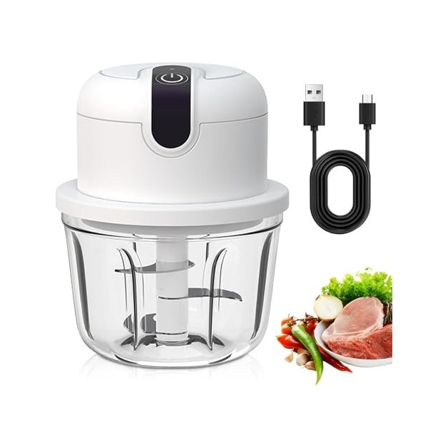 Mini hachoir Electrique,300 ml Hachoir A Ail Electrique,Hachoir Electrique Rechargeable USB,Matériau En Verre,Coupe-légumes E