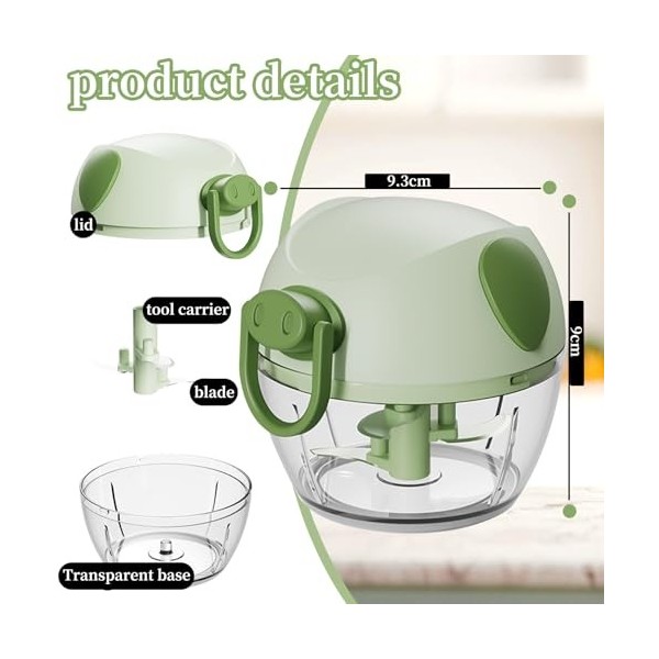 Xkzhrr Hachoir Manuel,170mlCoupe Oignon Manuel, Mini Hachoir Manuel,Avec 3 lames en acier inoxydable,Mixeur Manuel,Coupe ail,