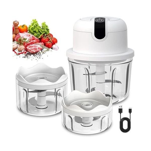 Mini hachoir Electrique,350 ml Hachoir Electrique Rechargeable USB,Hachoir A Ail Electrique,Trois Tasses,Coupe-légumes Electr