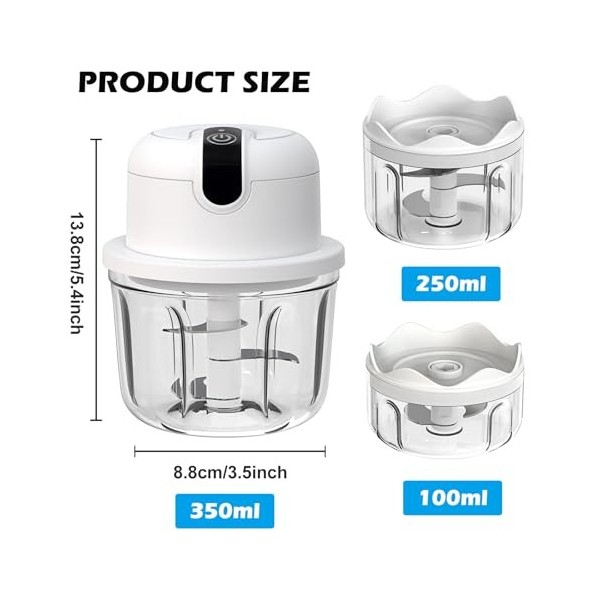 Mini hachoir Electrique,350 ml Hachoir Electrique Rechargeable USB,Hachoir A Ail Electrique,Trois Tasses,Coupe-légumes Electr