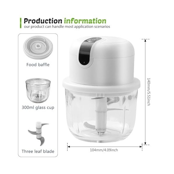 Hachoir De Cuisine Electrique, 300 Ml Mini Hachoir Electrique, Hachoir à Oignons Avec Port USB, Mini Hachoir De Cuisine, Batt