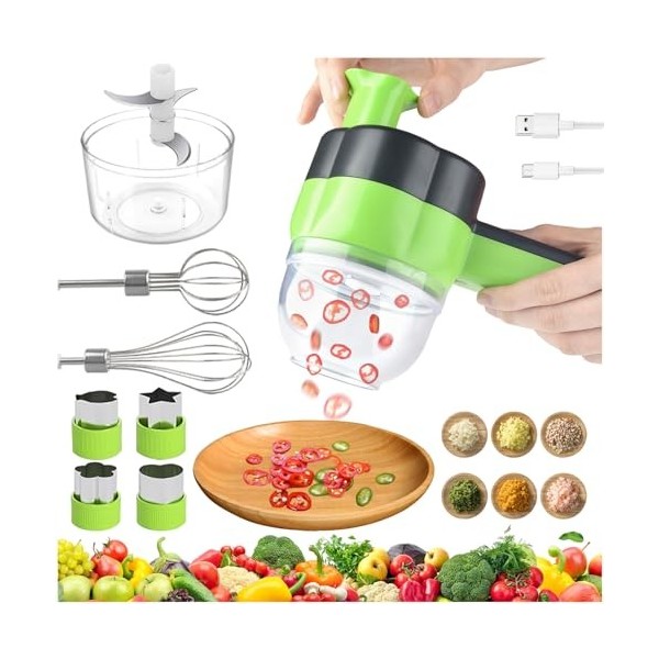 4 en 1 Hachoir à ail électrique Mini hachoir électrique à chargement USB Ensemble de Coupe-légumes Electrique Portable Petit 