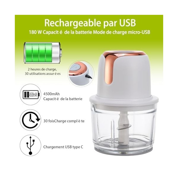 EasySpeed Hachoir électrique rechargeable USB 1 300 ml Capacité 180 W hachoir à viande, hachoir électrique pour légumes, oign