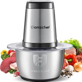 AMZCHEF Hachoir Électrique, Mini Hachoir Avec Bol Acier Inox 1,5L,500W Max, 2 Niveaux de Vitesse, Avec 4 Lames Amovibles pour