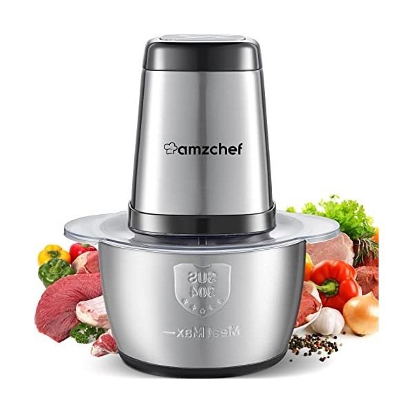 AMZCHEF Hachoir Électrique, Mini Hachoir Avec Bol Acier Inox 1,5L,500W Max, 2 Niveaux de Vitesse, Avec 4 Lames Amovibles pour