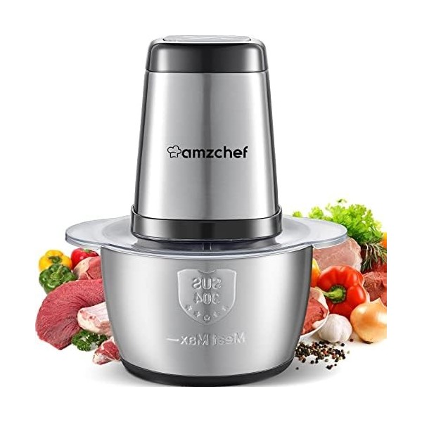 AMZCHEF Hachoir Électrique, Mini Hachoir Avec Bol Acier Inox 1,5L,500W Max, 2 Niveaux de Vitesse, Avec 4 Lames Amovibles pour