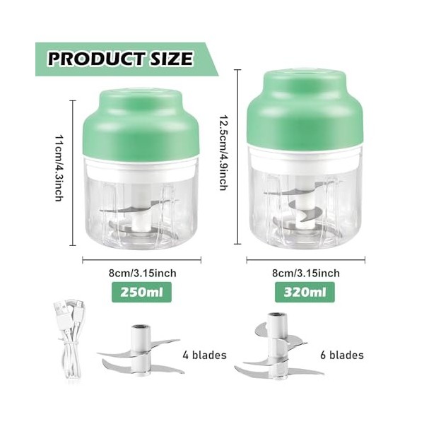Hachoir électrique avec port USB, mini robot de cuisine 250 ml, 320 ml, coupe-légumes électrique, avec 4 et 6 lames tranchant