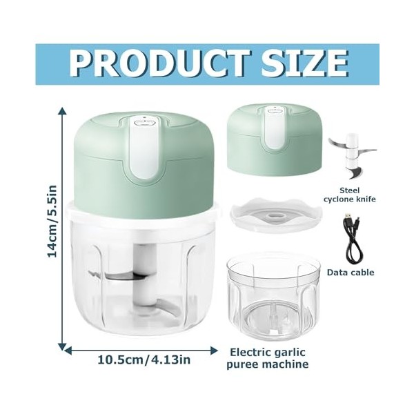 Nizirioo Mini hachoir électrique, 250 ml, mini hachoir électrique de cuisine avec port USB, hachoir à ail, mini coupe-oignon,