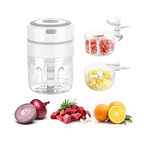 Mini électrique Hachoir à Oignons avec 2 Tasses, Multi Mixeur Electrique de Cuisine Hachoir 250ML+100ML, USB Rechargeable pou