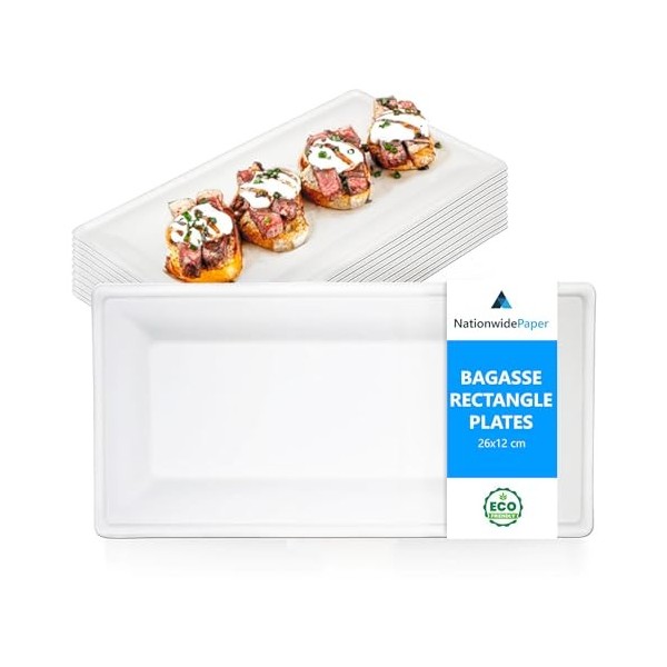 Nationwide Paper Lot de 50 assiettes rectangulaires écologiques et résistantes en canne à sucre naturelle, biodégradables, co