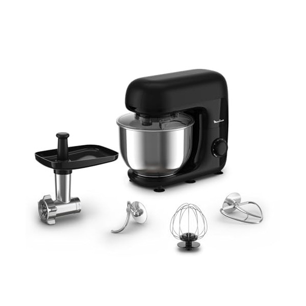 Moulinex Bake essential Robot pâtissier, 800 W, Bol 4.8 L, kit de pâtisserie, Hachoir à viande QA161810, Noir Glama