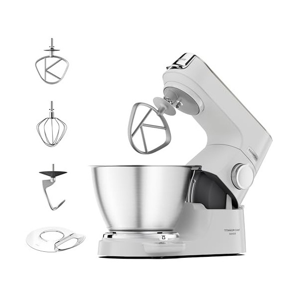 Kenwood Titanium Chef Baker KVC65.001WH, Robot Patissier Avec Balance Intégrée, Incl. Ensemble Pâtisserie 3 Pièces, Spatule &