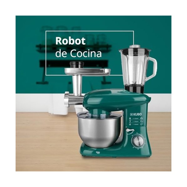 Kubo - Robot de cuisine - 7 accessoires : bol mixeur, hachoir à viande, grand bol, couvercle de protection, fouet, mixeur et
