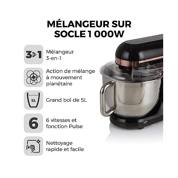 Tower T12033RG Robot Pâtissier - Batteur Électrique Cuisine - Robot Cuisine sur Socle 3-en-1 avec 6 Vitesses et Fonction Puls