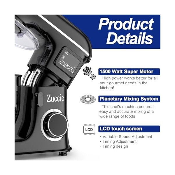 Zuccie Robot Pâtissier 1500W 8L Robot Patissier Multifonctions Écran LCD + Fonction de Fermentation Robot Petrin avec Fouet, 
